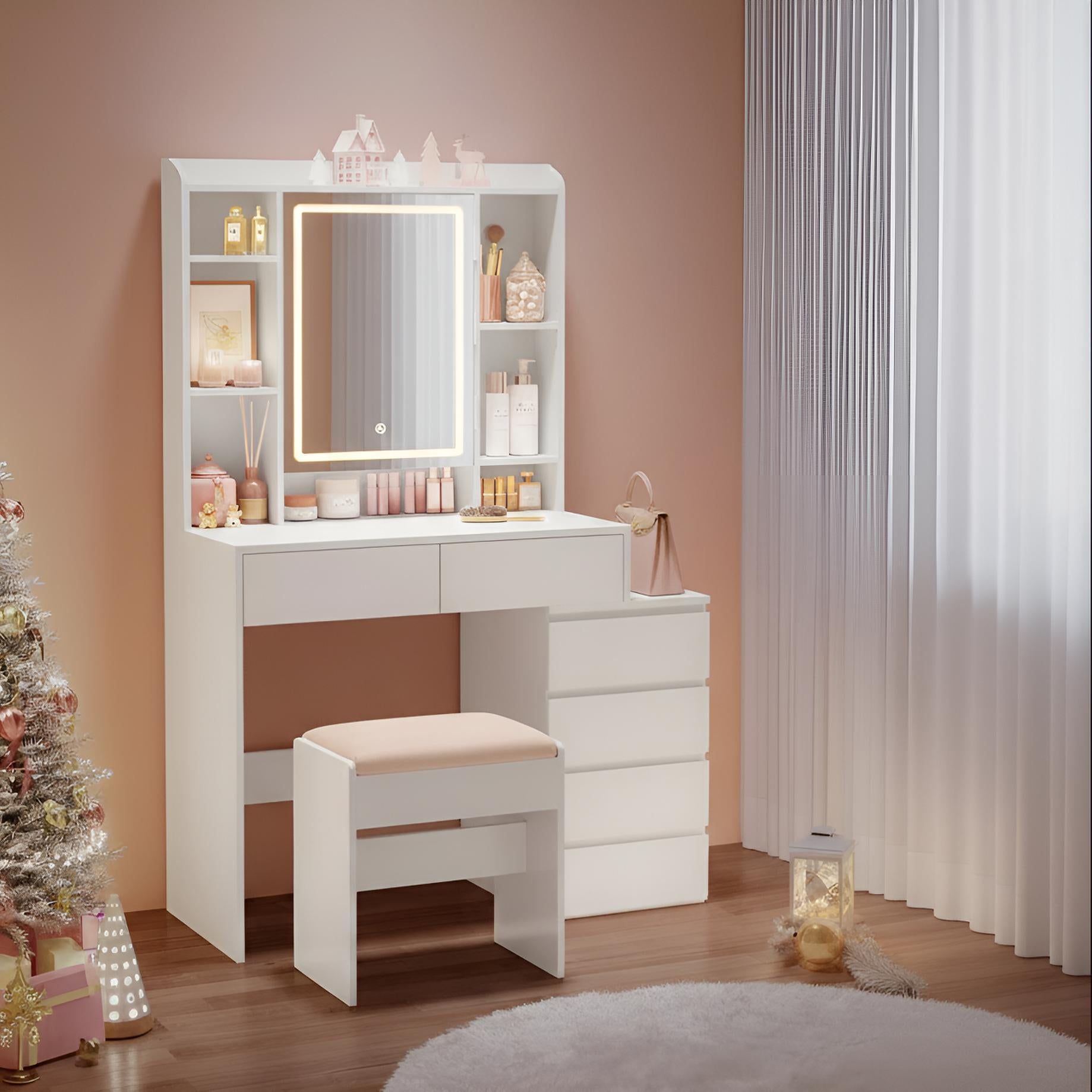 Coiffeuse femme avec Miroir LED et Rangement | Table de Maquillage Moderne + Grand Miroir – AUREA