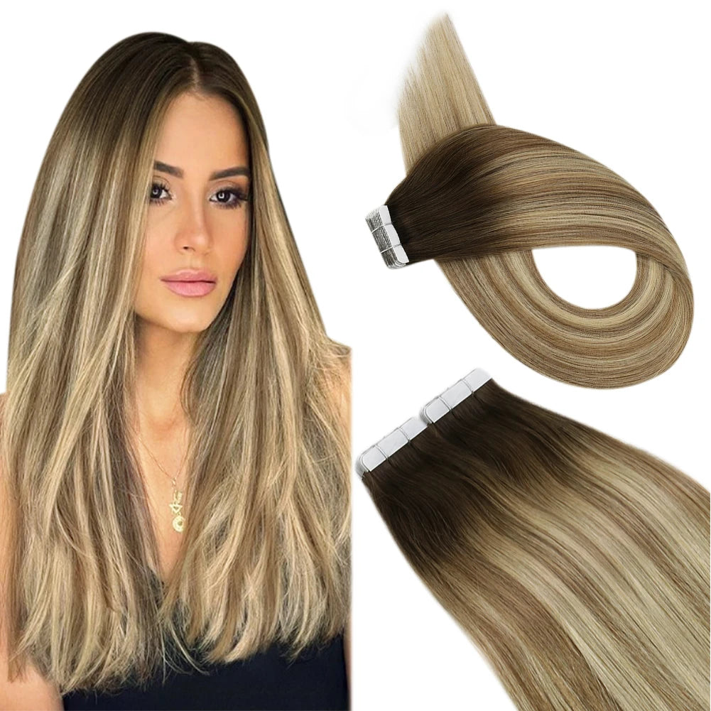 Extensions Tape In Ugeat en Cheveux Naturels Brésiliens Remy – Lisses, Balayage, 20P / 40P