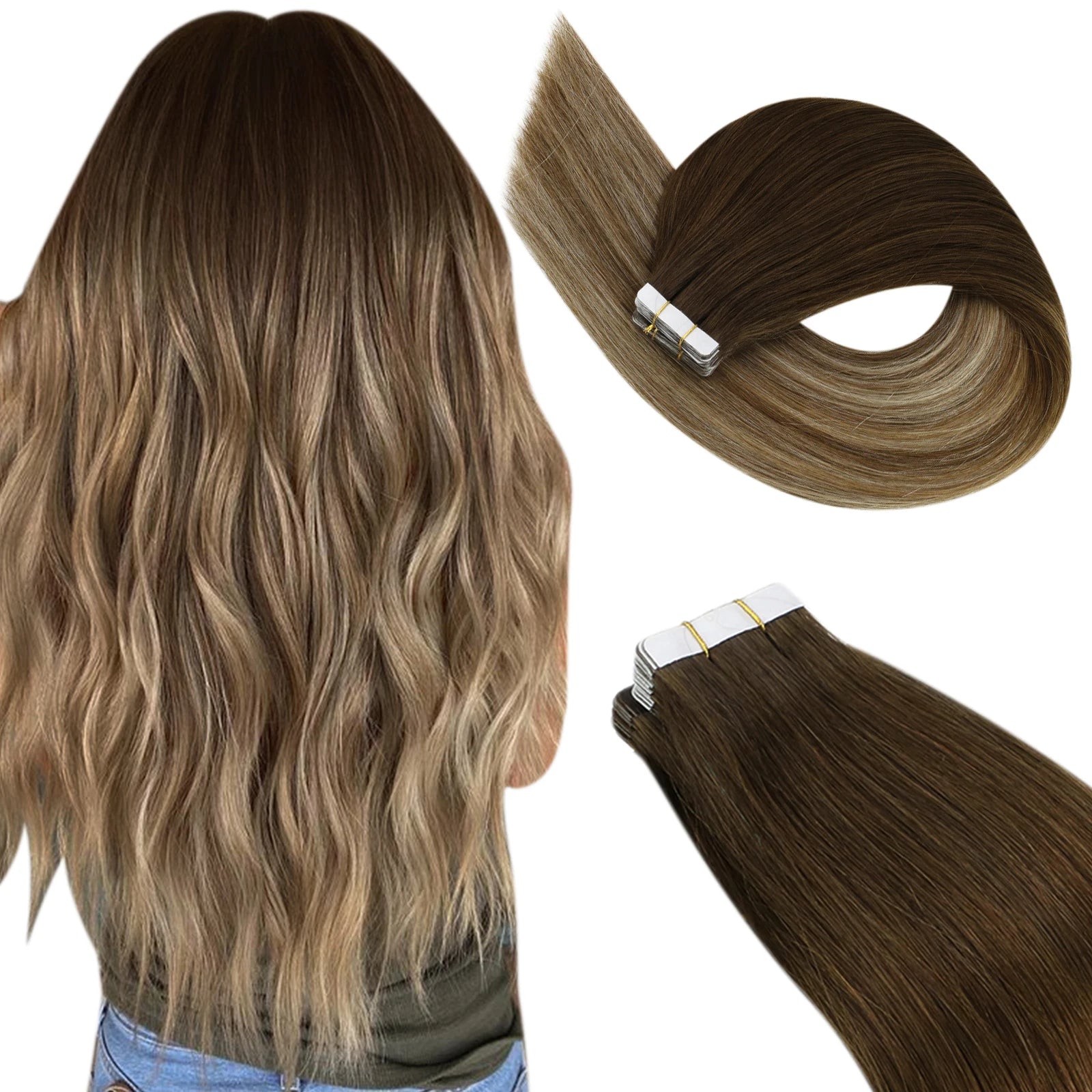 Extensions Tape In Ugeat en Cheveux Naturels Brésiliens Remy – Lisses, Balayage, 20P / 40P