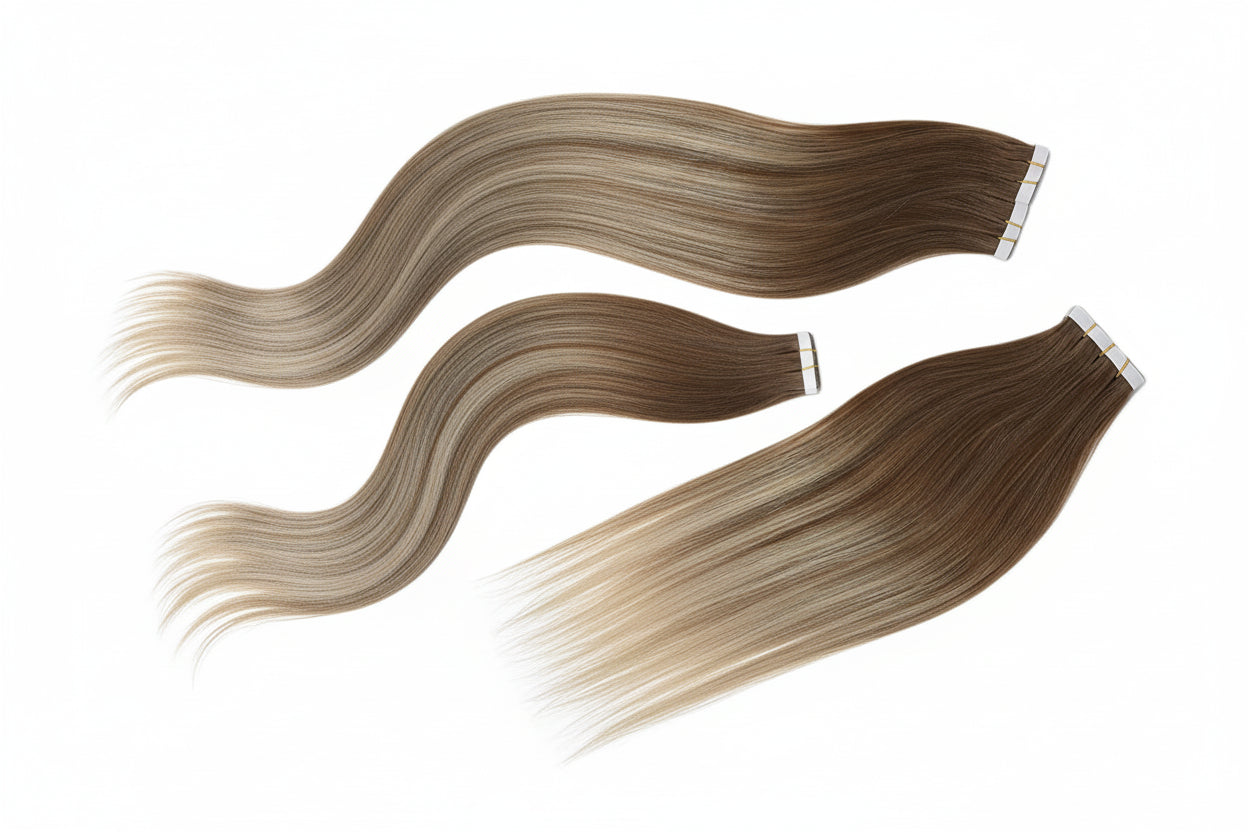 Extensions Tape In Ugeat en Cheveux Naturels Brésiliens Remy – Lisses, Balayage, 20P / 40P