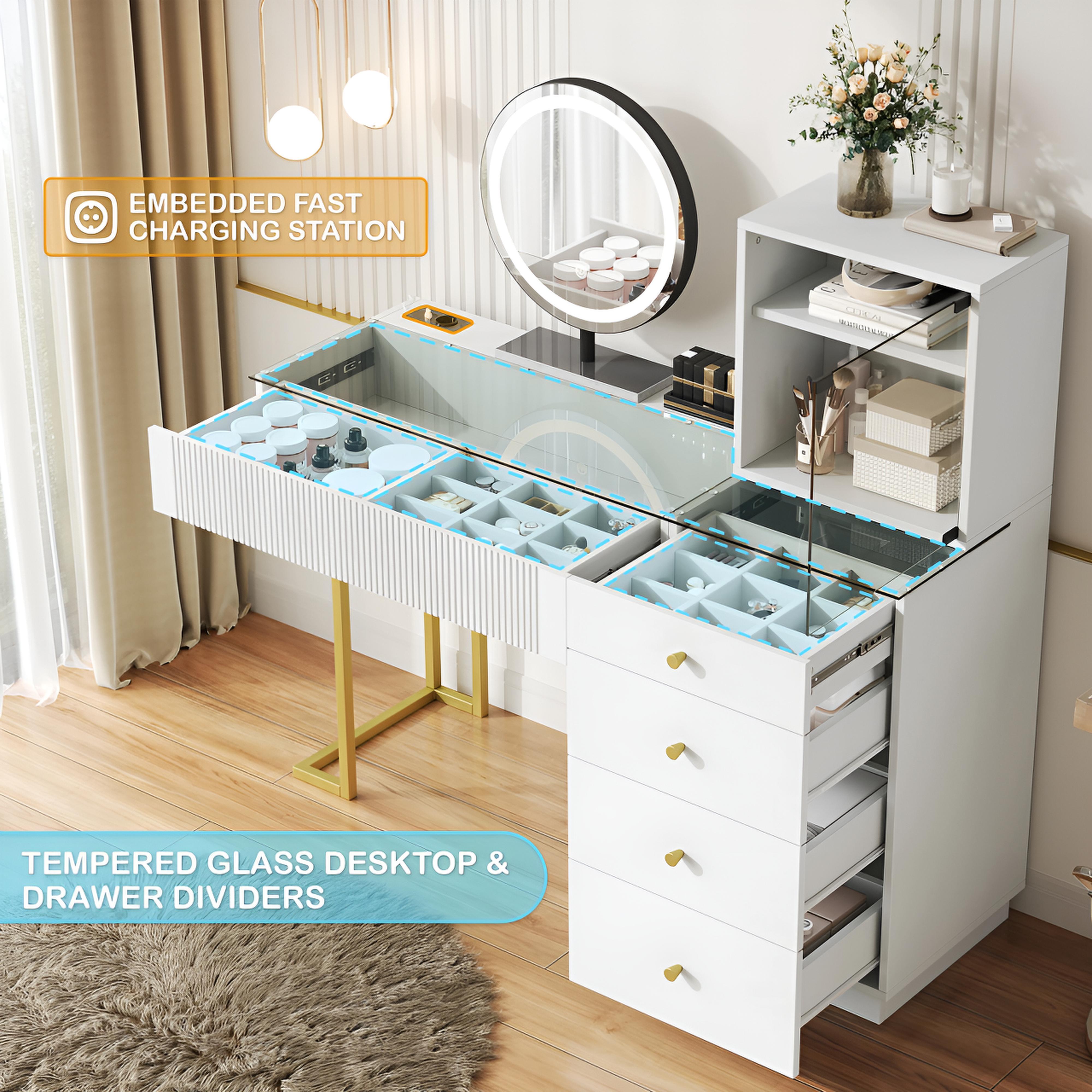 Coiffeuse avec Miroir LED et Plateau en Verre | 5 Tiroirs + Placard – AUREA
