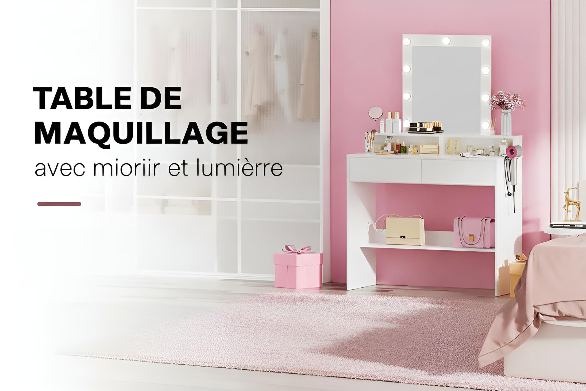 Coiffeuse Femme avec Miroir LED Réglable | 2 Tiroirs + 4 Étagères + Placard – AUREA