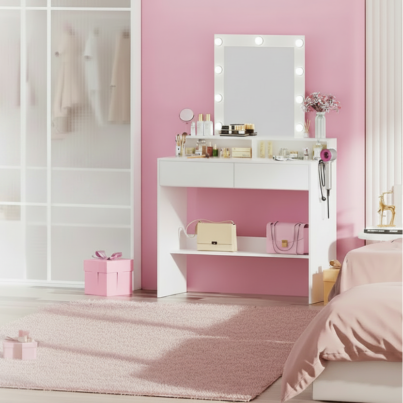 Coiffeuse avec Miroir LED Réglable | 2 Tiroirs + 4 Étagères + Placard – AUREA