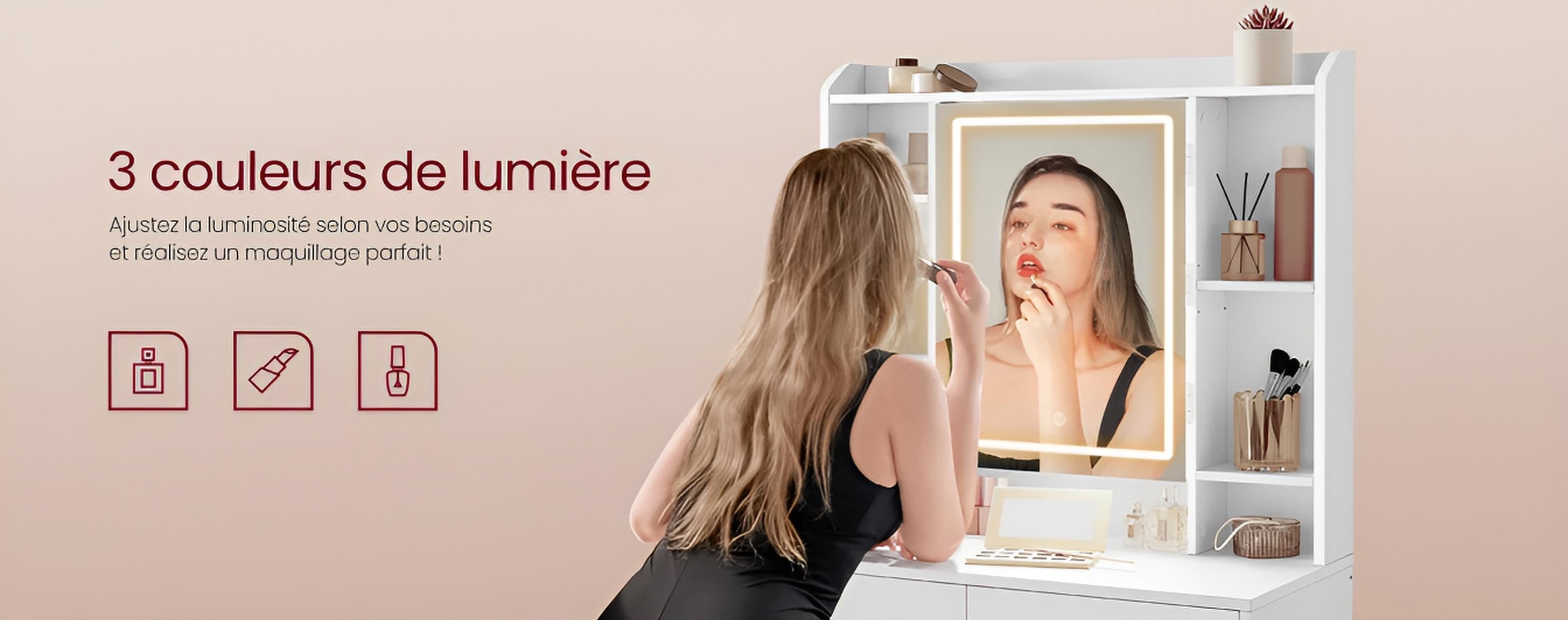 Coiffeuse avec Miroir LED et Tabouret | Étagères Réglables + Grand Rangement – AUREA