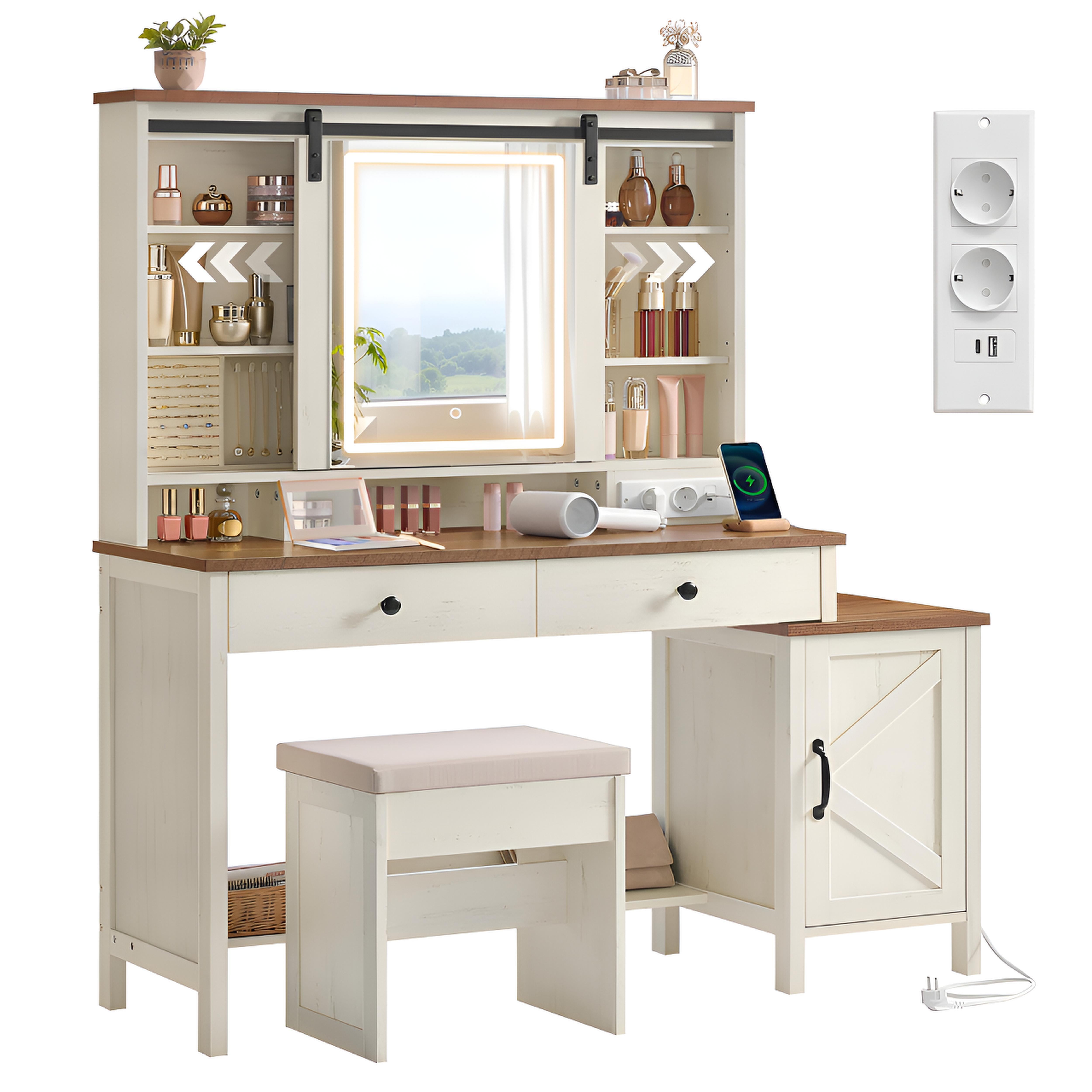 Coiffeuse femme avec Miroir LED et Tabouret | 2 Tiroirs + Prise Intégrée – AUREA