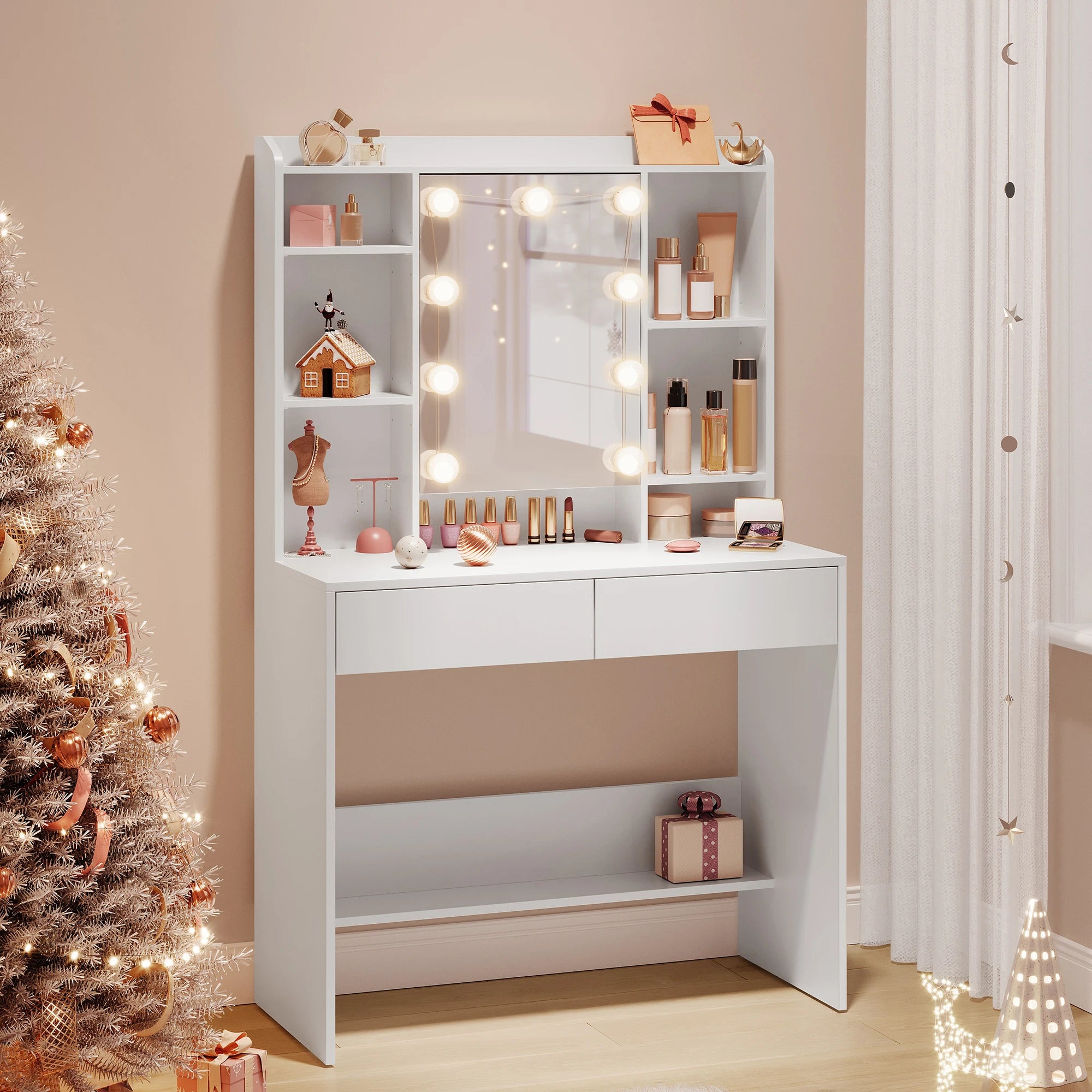 Coiffeuse avec Miroir LED et Tabouret | Étagères Réglables + Grand Rangement – AUREA
