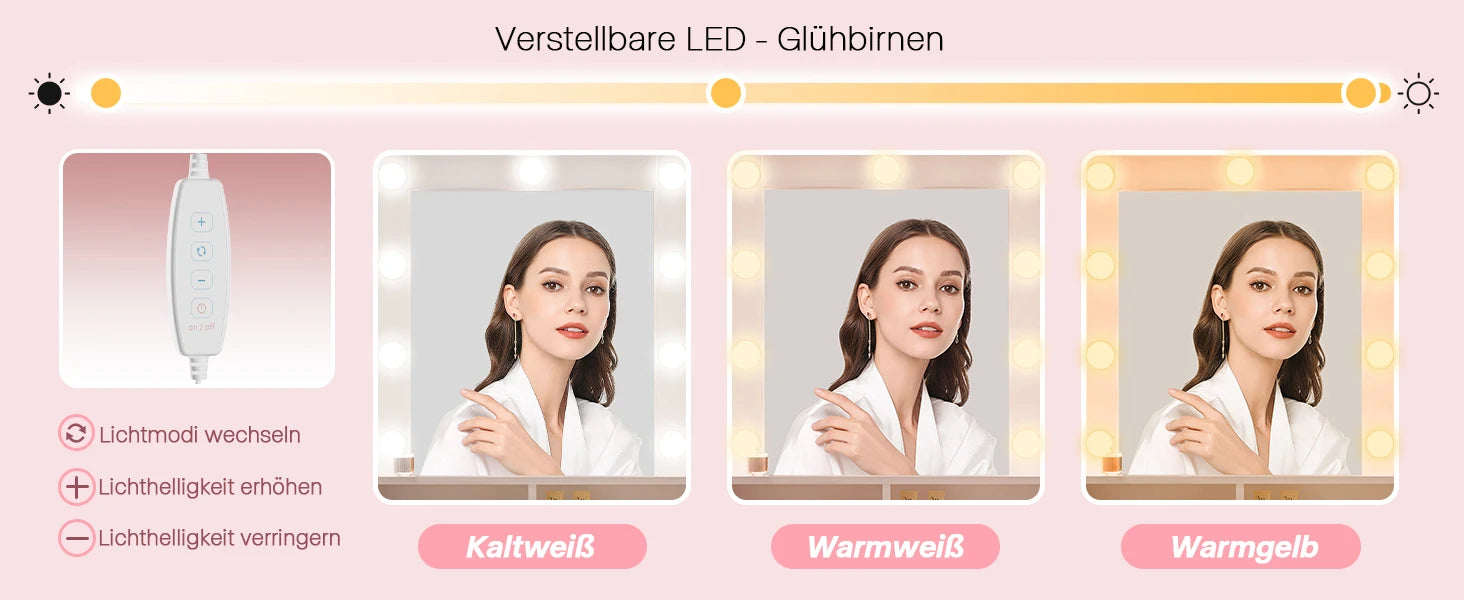 Coiffeuse avec Miroir LED Réglable | 2 Tiroirs + 4 Étagères + Placard – AUREA