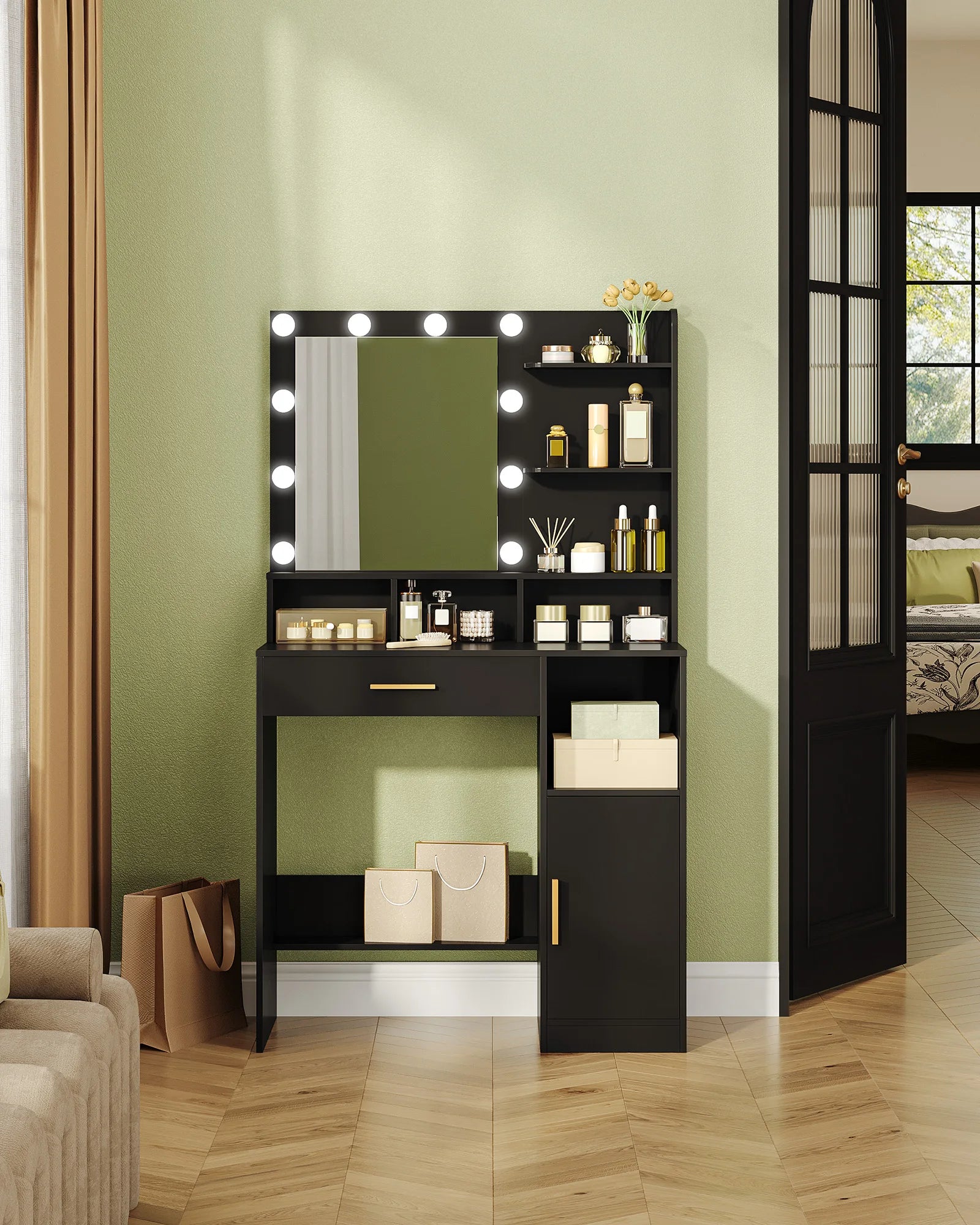 Coiffeuse avec Miroir LED et Rangement | 10 Lumières + Étagères & Compartiments – AUREA