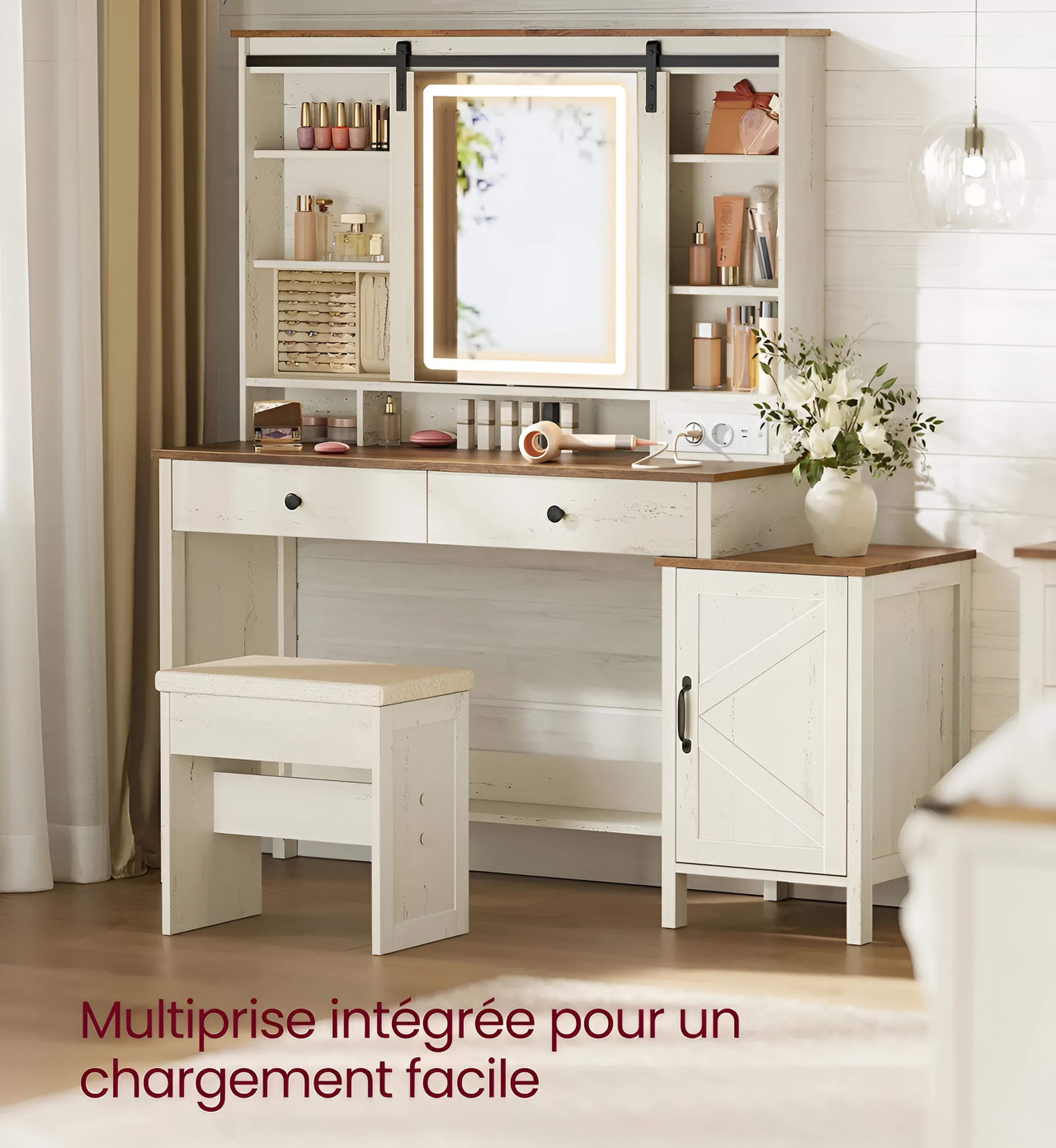 Coiffeuse femme avec Miroir LED et Tabouret | 2 Tiroirs + Prise Intégrée – AUREA