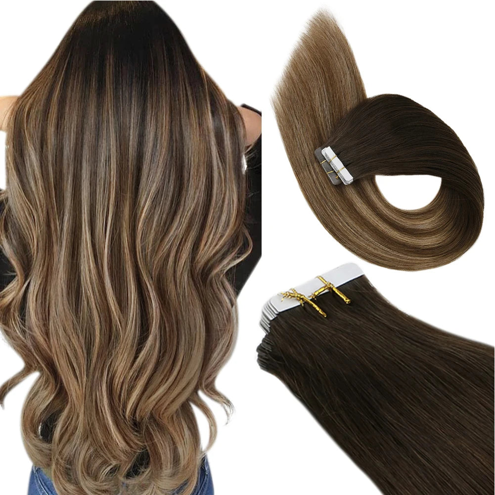 Extensions Tape In Ugeat en Cheveux Naturels Brésiliens Remy – Lisses, Balayage, 20P / 40P