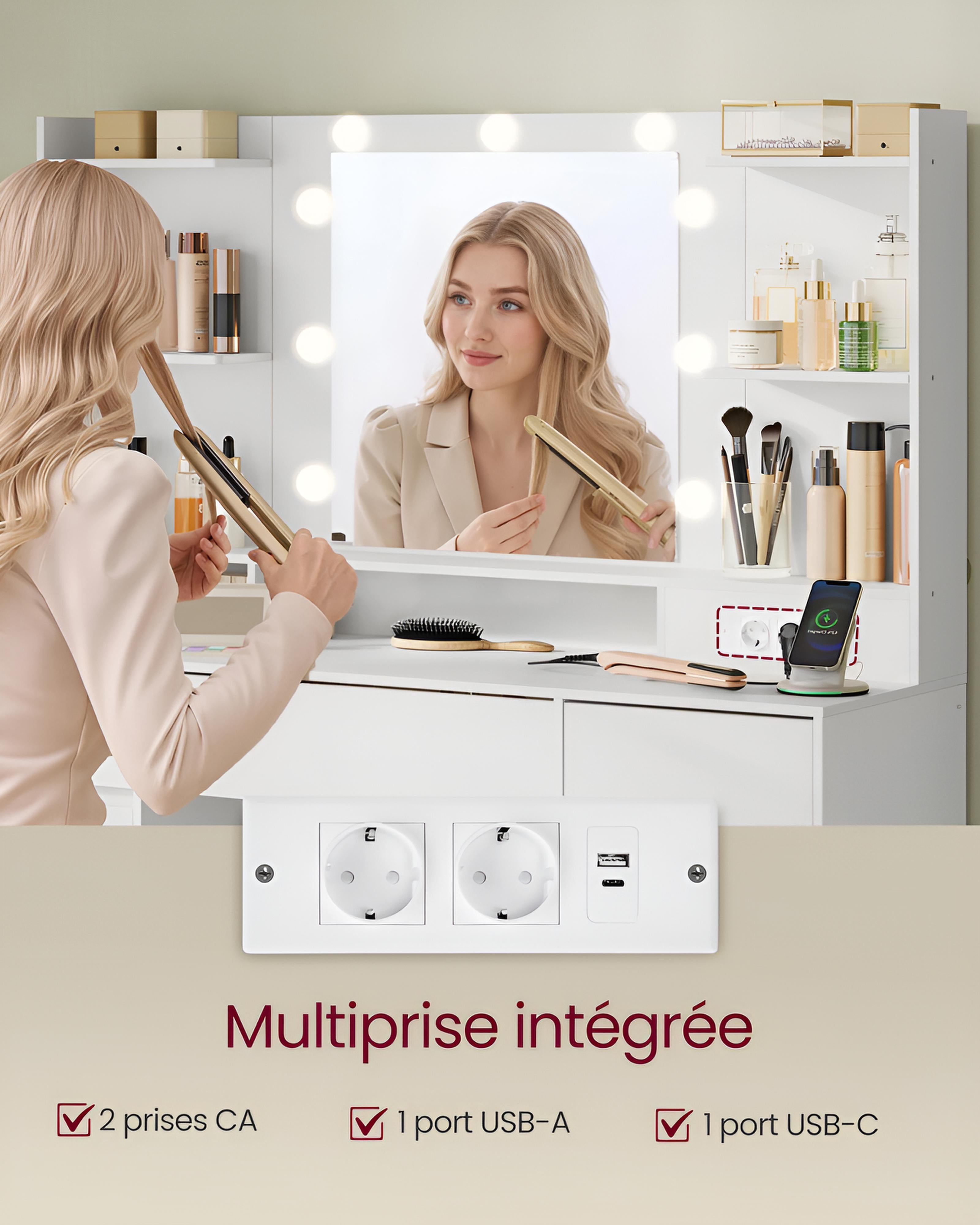 Coiffeuse avec Miroir LED et Prises | 3 Tiroirs + 2 Placards + 9 Ampoules – AUREA