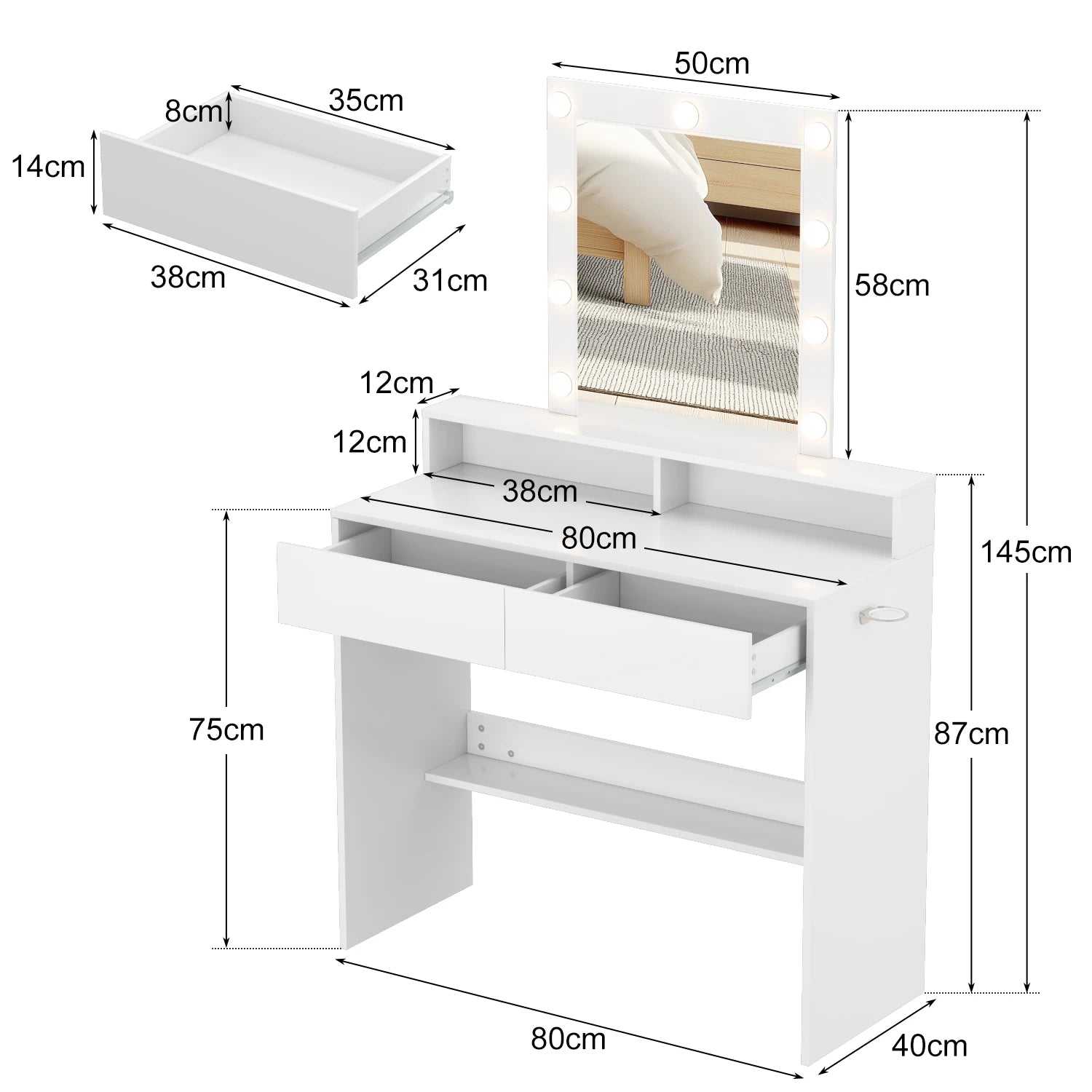 Coiffeuse avec Miroir LED Réglable | 2 Tiroirs + 4 Étagères + Placard – AUREA
