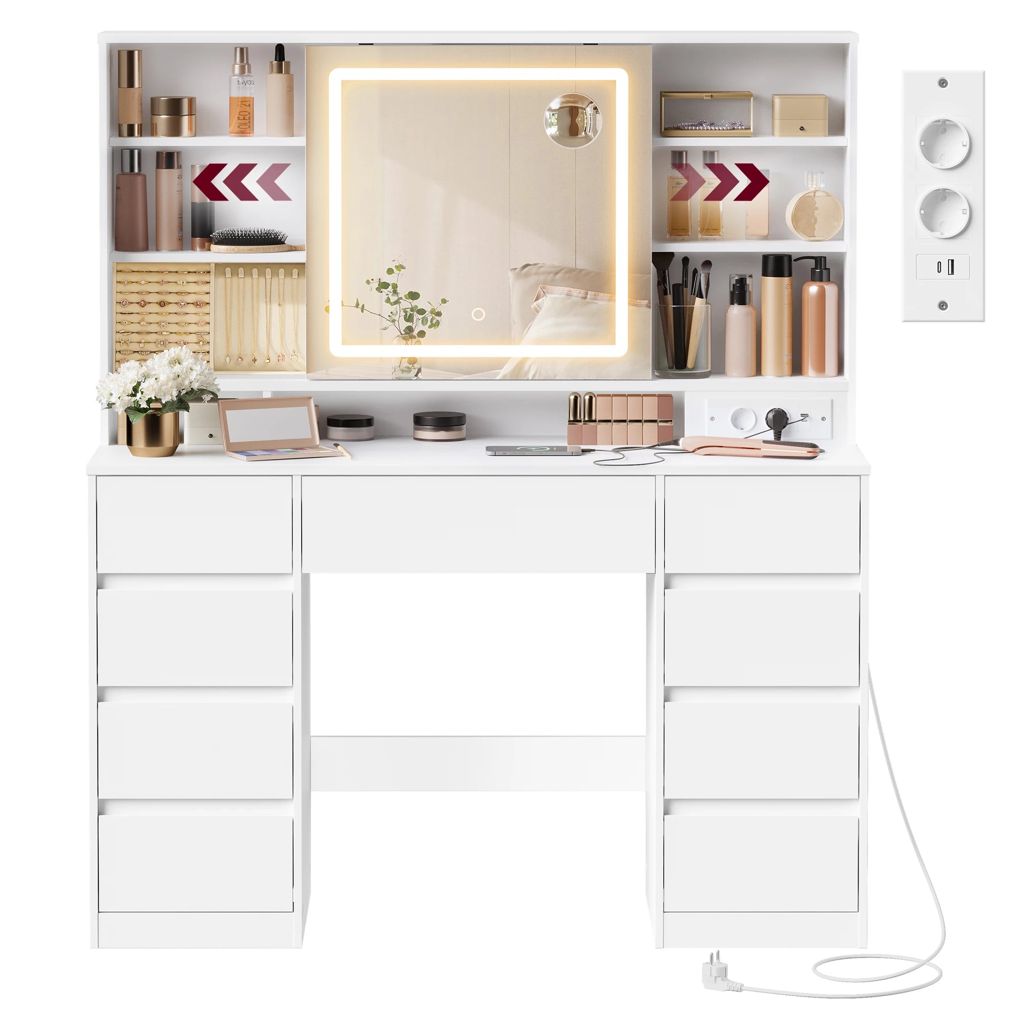 Coiffeuse avec Miroir LED Coulissant | Tabouret + Rangement Bijoux – AUREA
