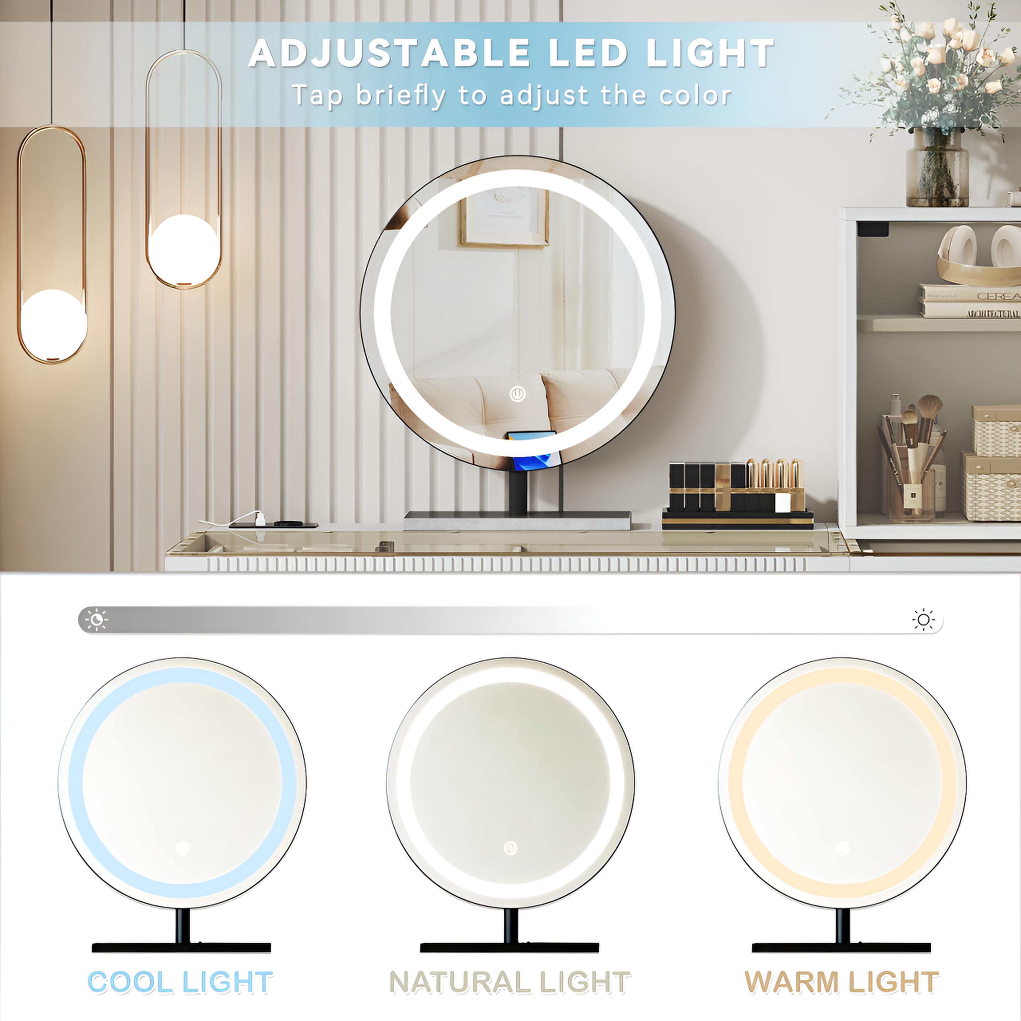 Coiffeuse avec Miroir LED et Plateau en Verre | 5 Tiroirs + Placard – AUREA