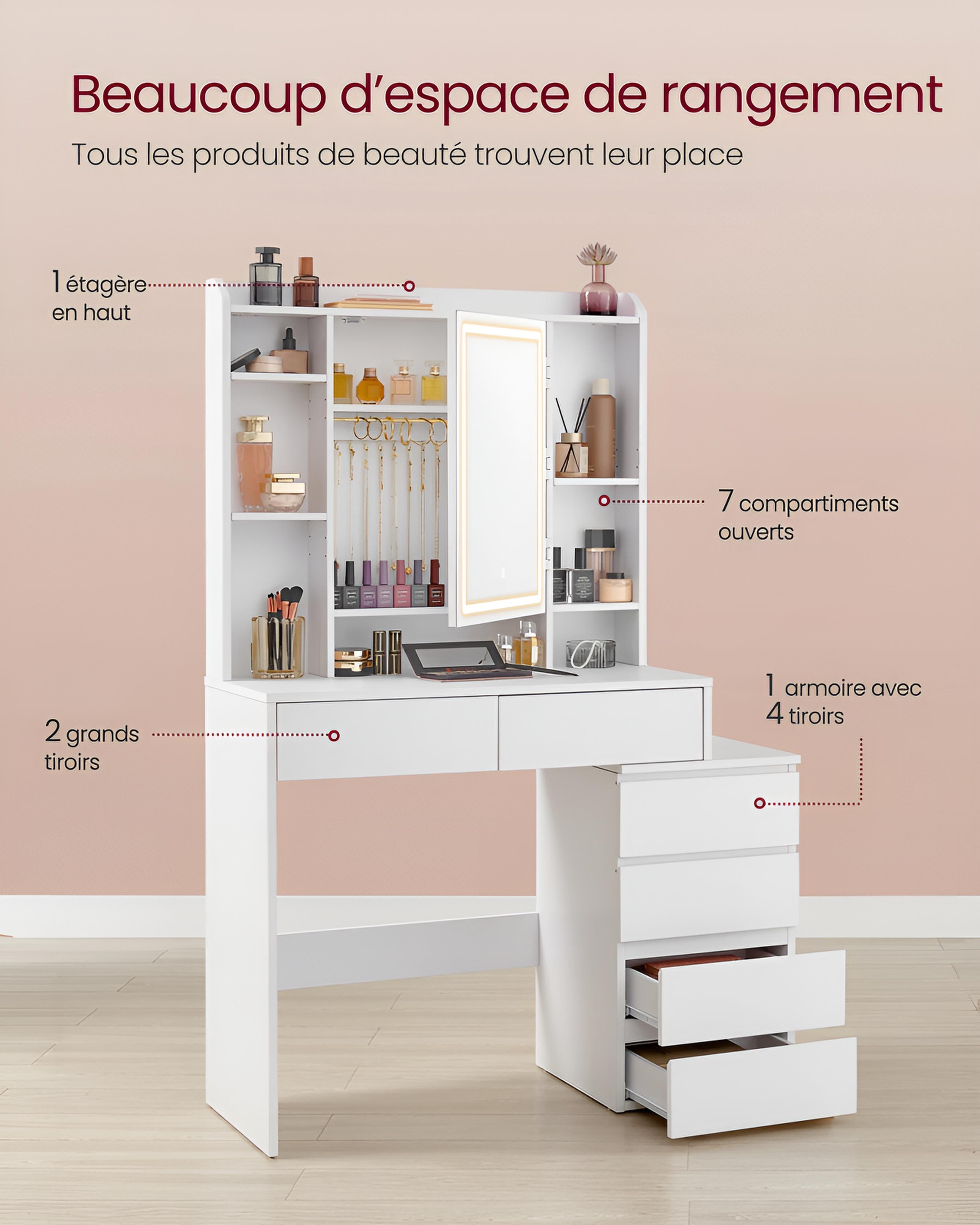Coiffeuse avec Miroir LED et Tabouret | Étagères Réglables + Grand Rangement – AUREA