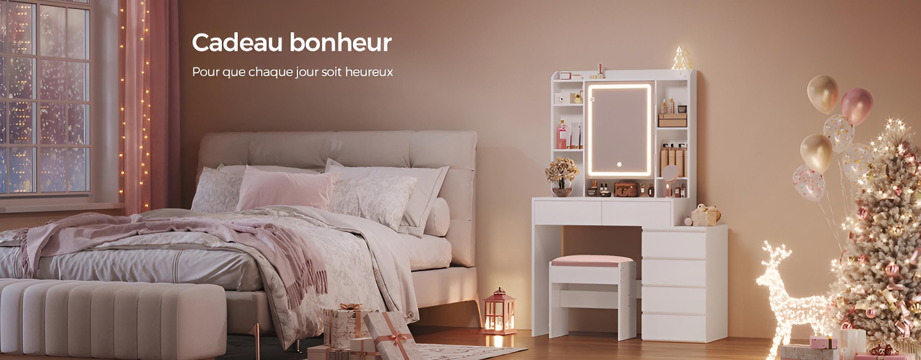 Coiffeuse avec Miroir LED et Tabouret | Étagères Réglables + Grand Rangement – AUREA