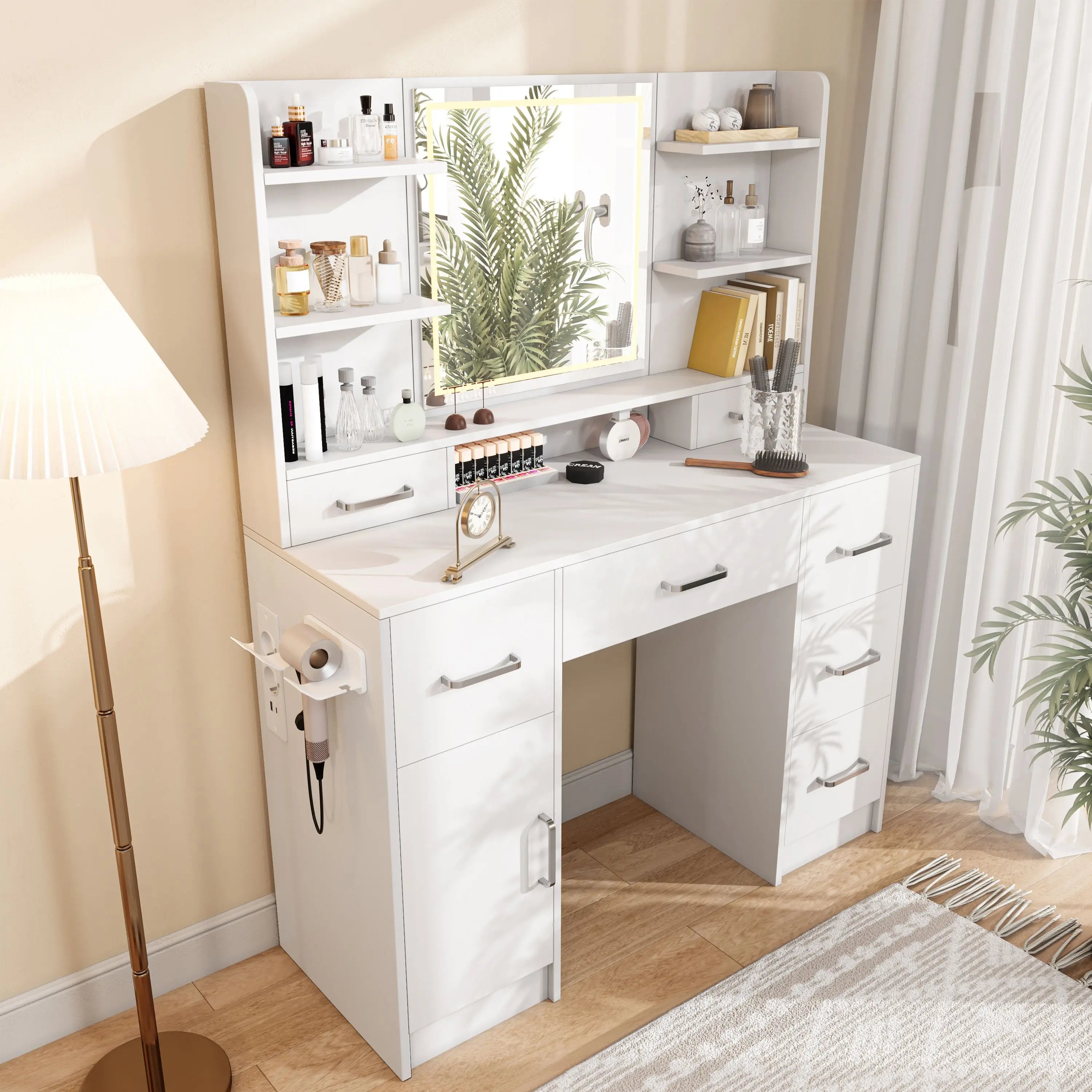 Coiffeuse avec Miroir LED 3 Couleurs | Prises Intégrées + Placard de Rangement – AUREA
