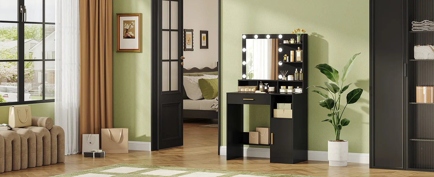 Coiffeuse avec Miroir LED et Rangement | 10 Lumières + Étagères & Compartiments – AUREA
