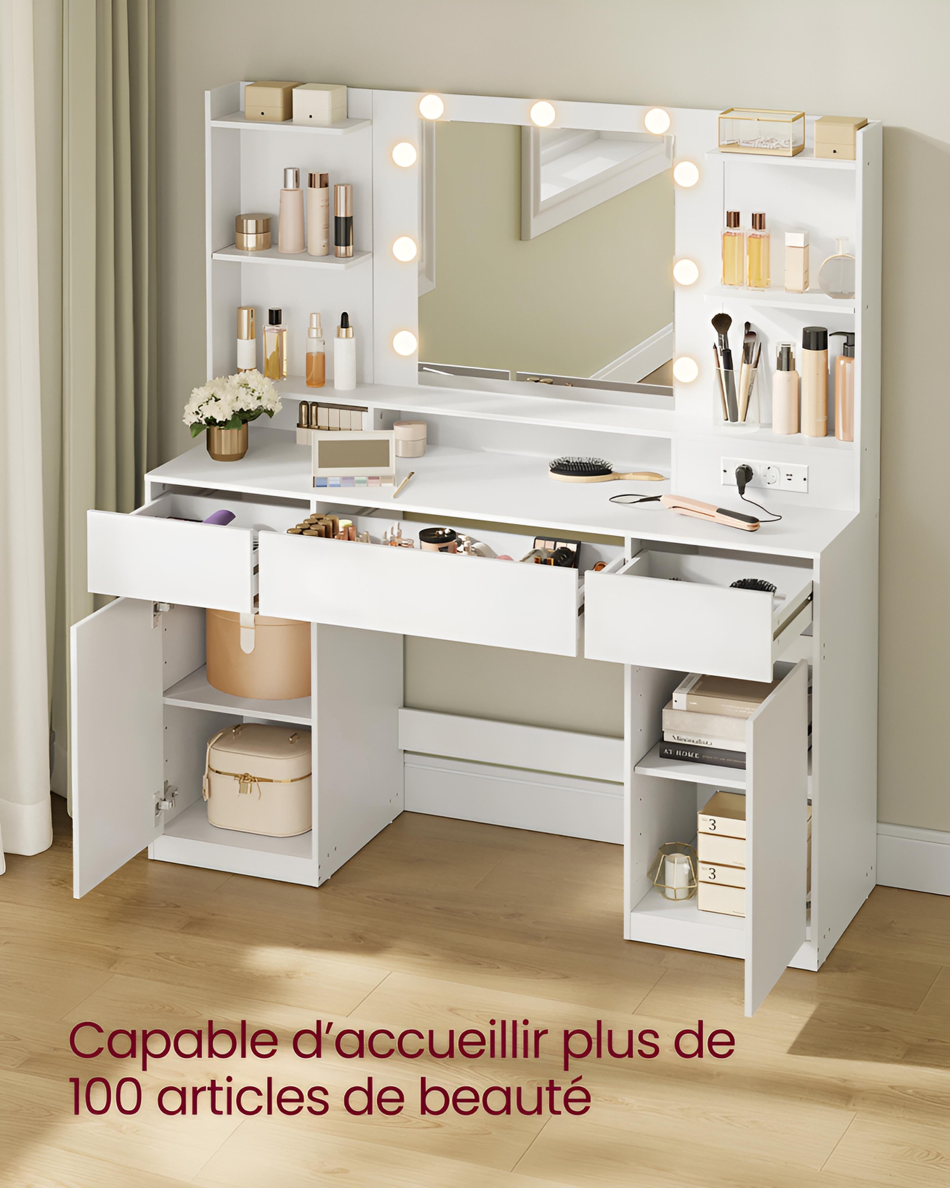 Coiffeuse avec Miroir LED et Prises | 3 Tiroirs + 2 Placards + 9 Ampoules – AUREA