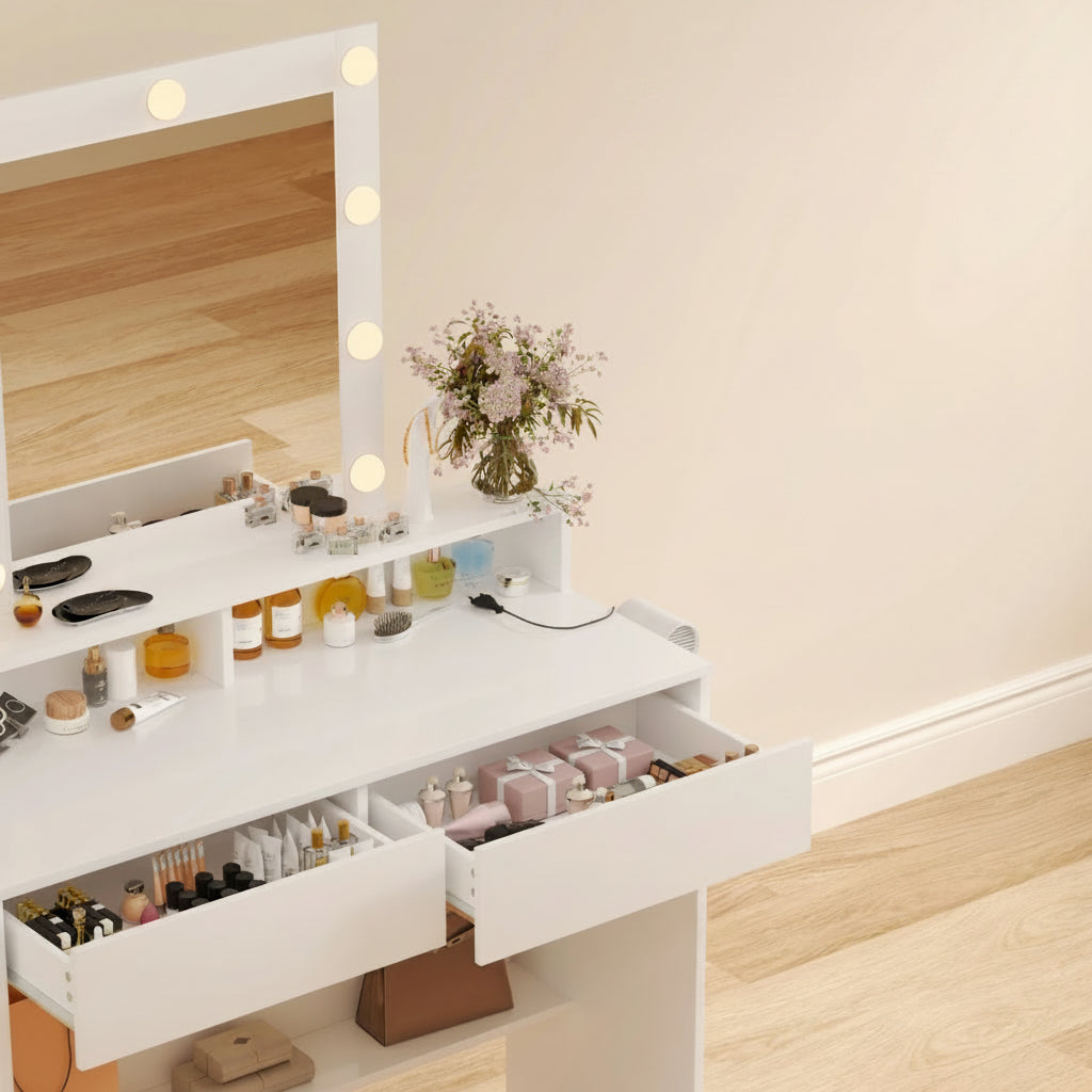 Coiffeuse avec Miroir LED Réglable | 2 Tiroirs + 4 Étagères + Placard – AUREA
