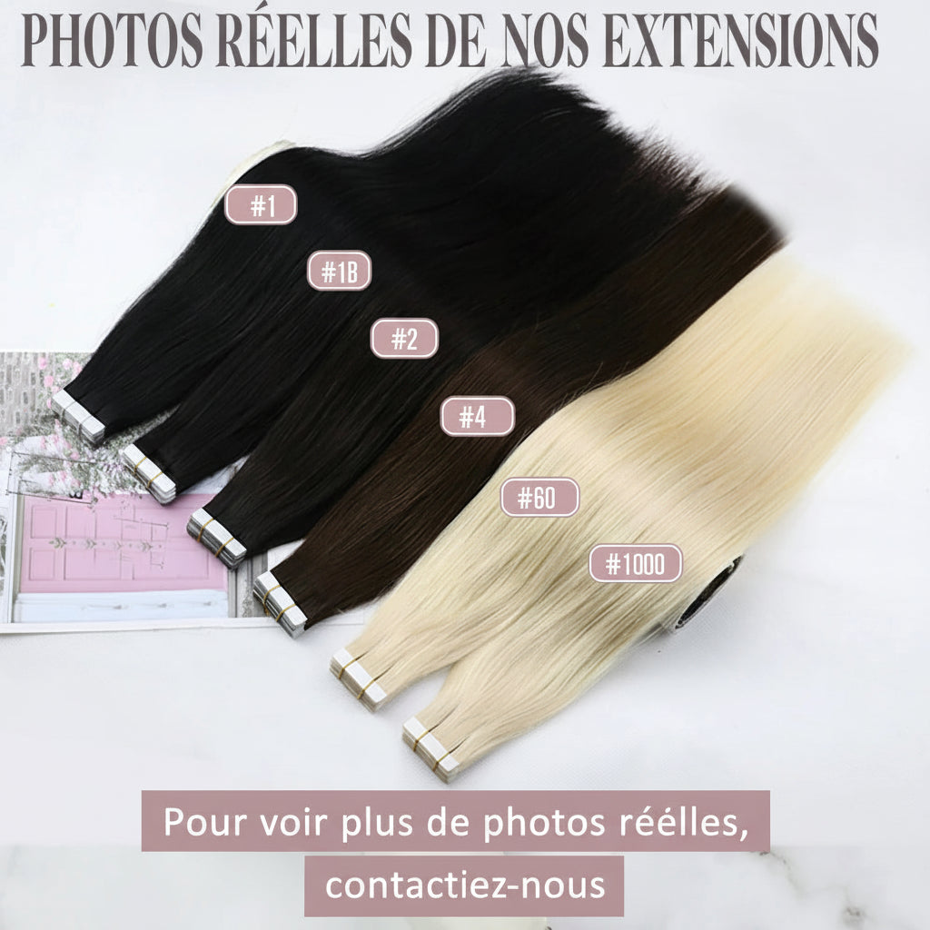 Extensions Tape In Ugeat en Cheveux Naturels Brésiliens Remy – Lisses, Balayage, 20P / 40P