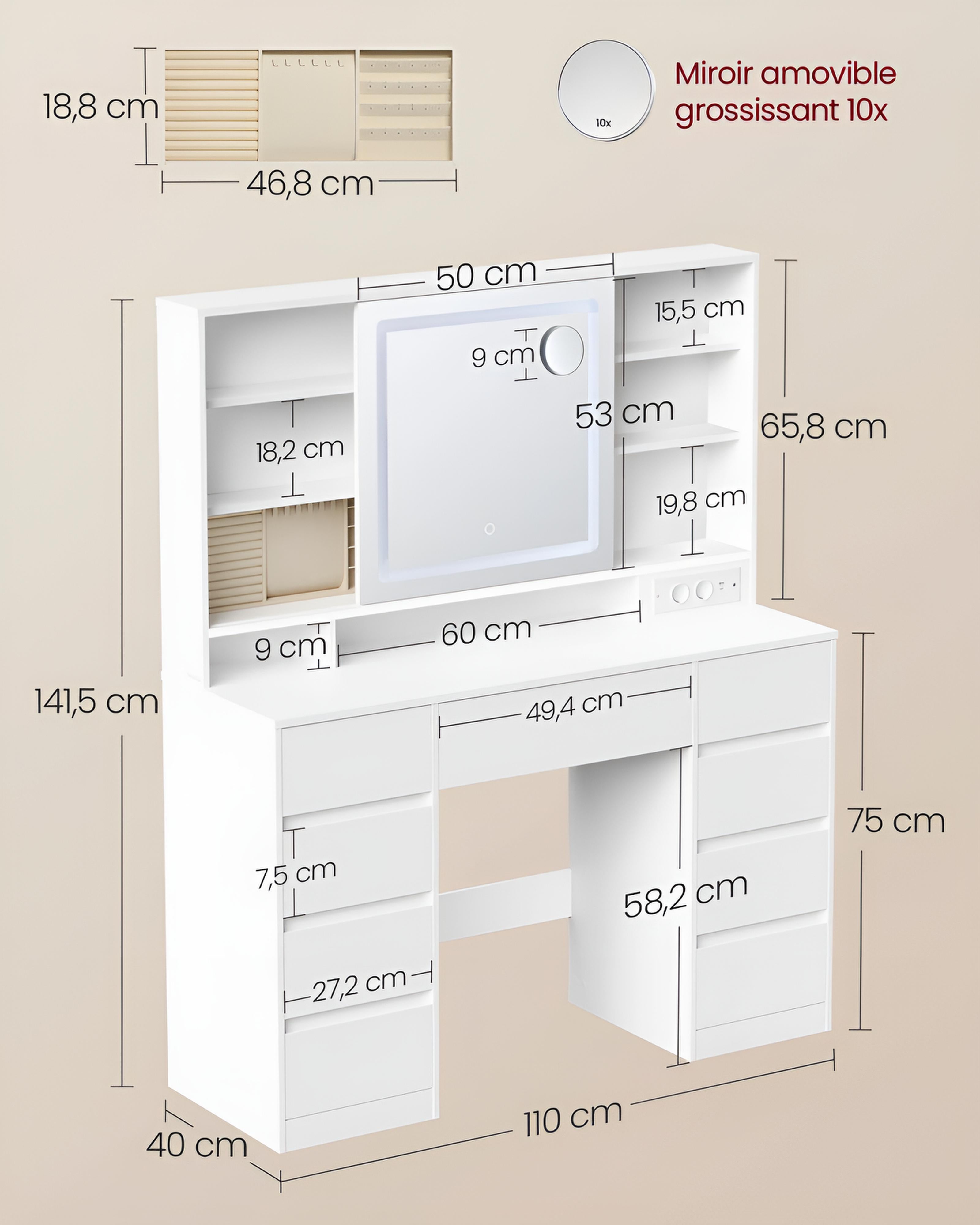 Coiffeuse avec Miroir LED Coulissant | Tabouret + Rangement Bijoux – AUREA