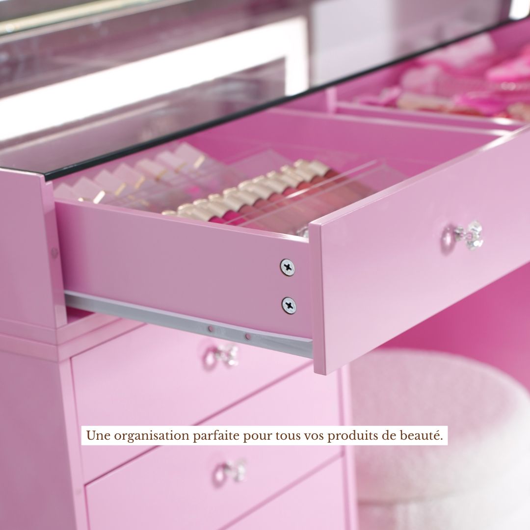 Coiffeuse avec Miroir Adapté | Plateau Rose et Rangements
