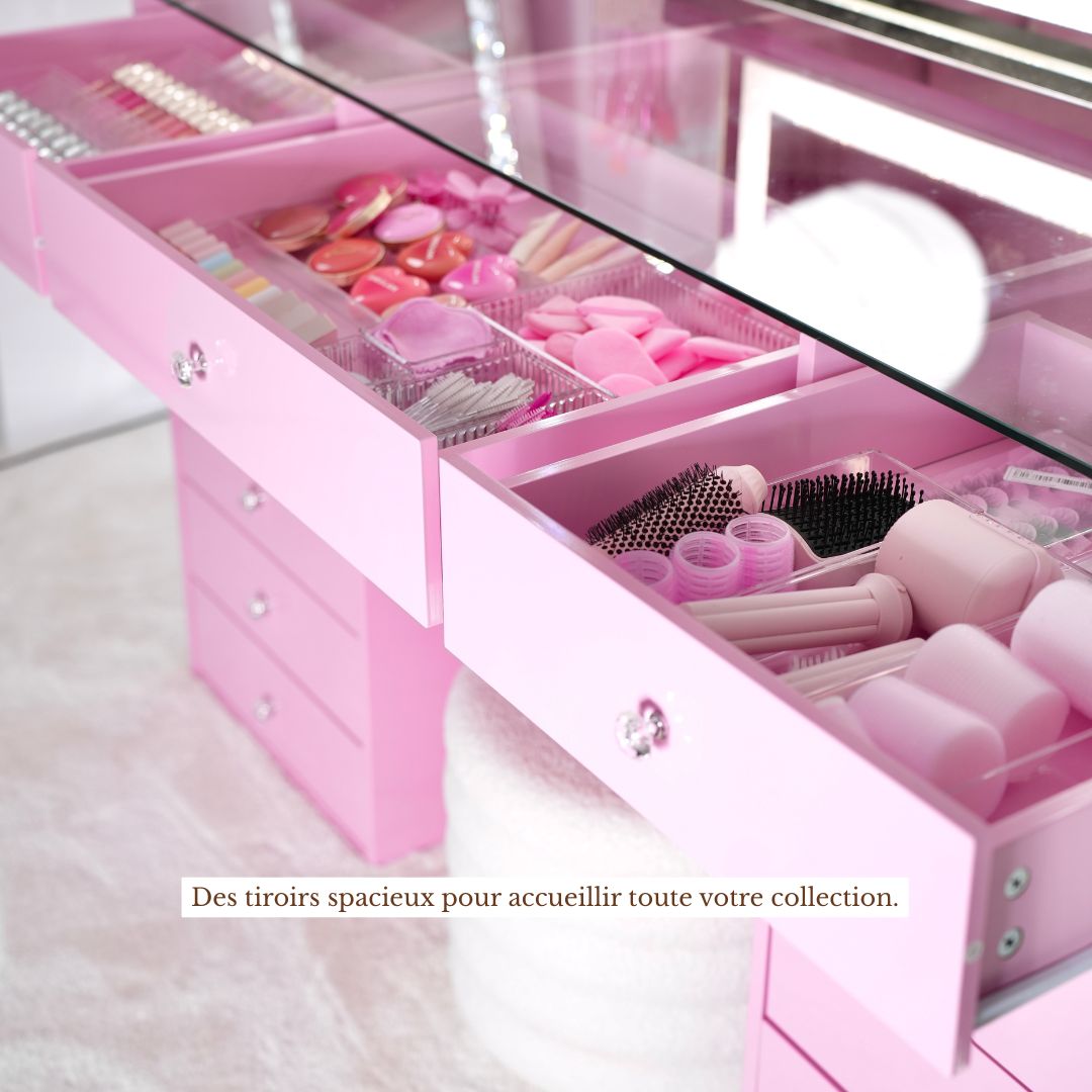 Coiffeuse avec Miroir Adapté | Plateau Rose et Rangements