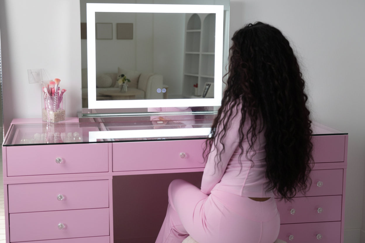 Coiffeuse avec Miroir Adapté | Plateau Rose et Rangements